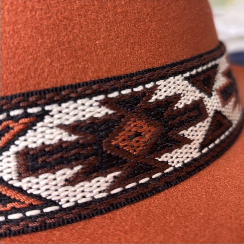 Rust Fedora style Hat Southwestern Patterned Band Stagecoach Wide Brim - Picture 6 of 8